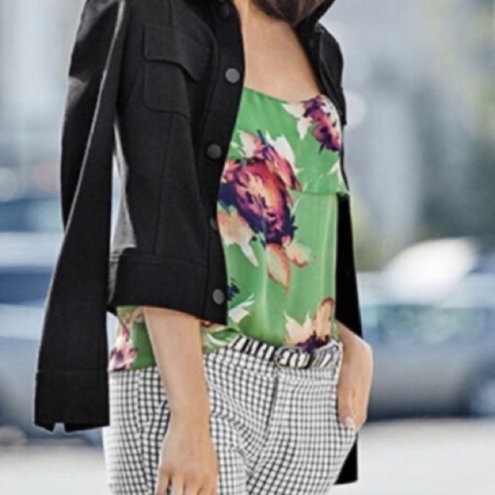 Cabi Women XS Green Bamboo Forest Bloom Floral Chiffon Ruffle Cami Tank Top